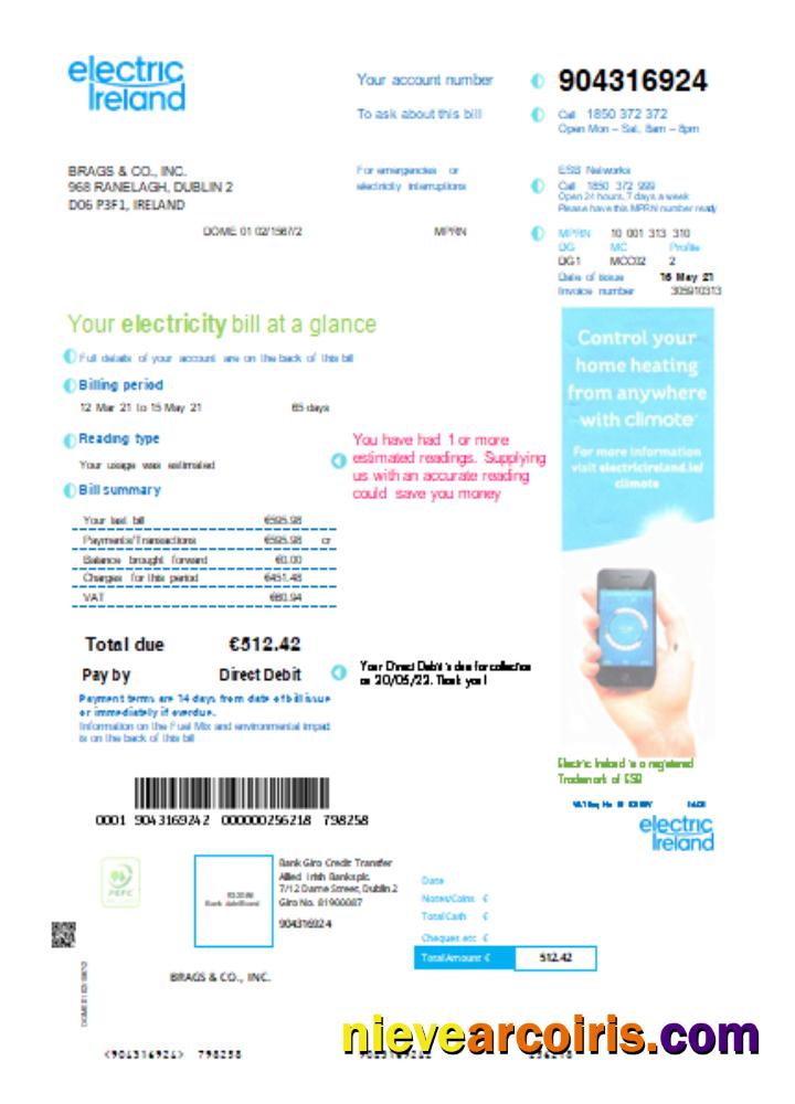 Electric Ireland utility business bill
